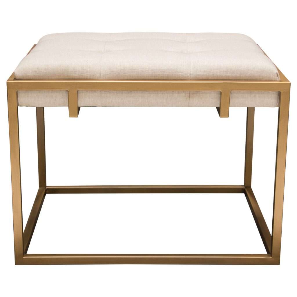 Babylon Small Accent Ottoman w/ Brushed Gold Frame & Padded Seat in Sand Linen