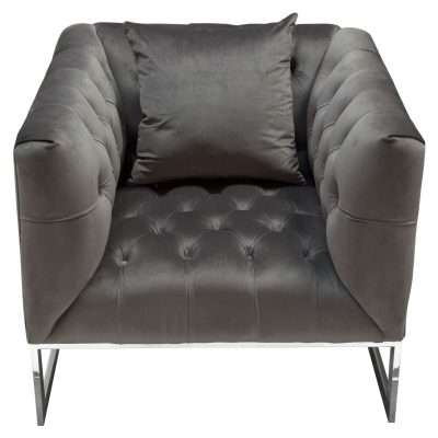 Crawford Tufted Chair in Dusk Grey Velvet w/ Polished Metal Leg & Trim by Diamond Sofa - Decorian Group