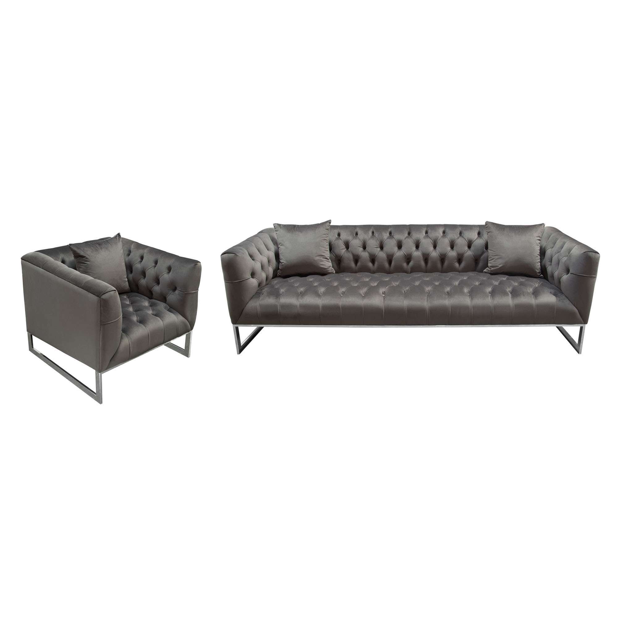 Crawford Tufted Sofa & Chair 2PC Set in Dusk Grey Velvet w/ Polished Metal Leg & Trim by Diamond Sofa - Decorian Group