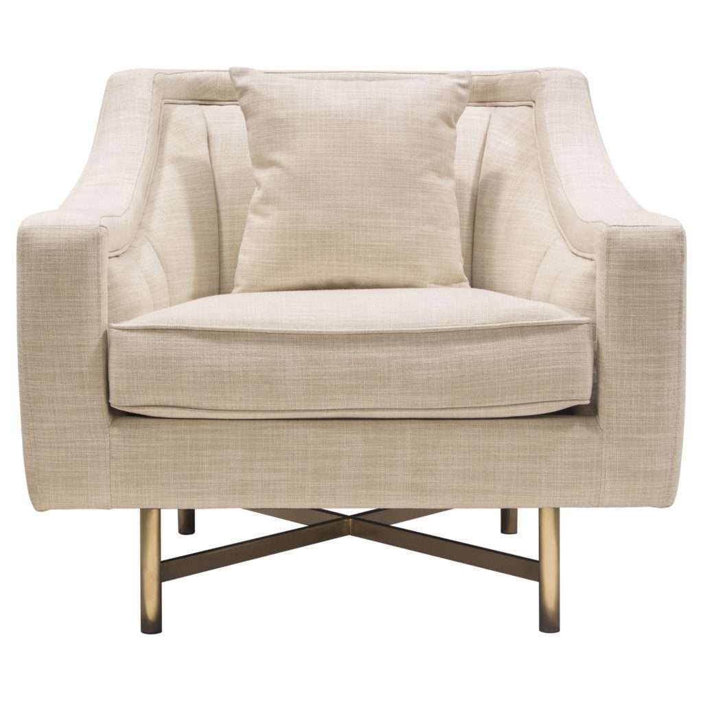Croft Fabric Chair in Sand Linen Fabric w/ Accent Pillow and Gold Metal Criss-Cross Frame