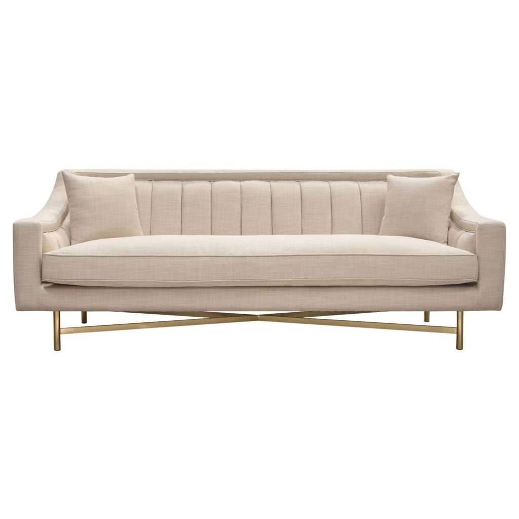 Croft Fabric Sofa in Sand Linen Fabric w/ Accent Pillows and Gold Metal Criss-Cross Frame