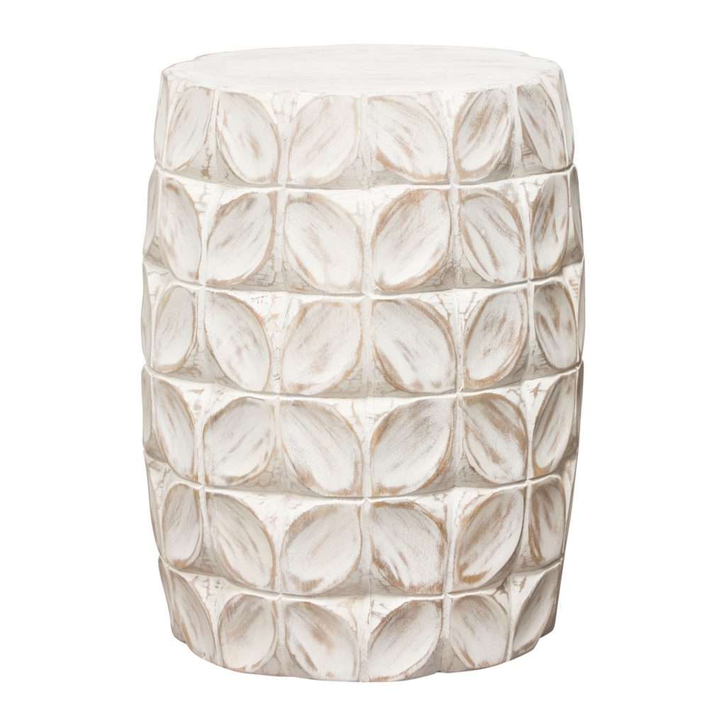 Fig Solid Mango Wood Accent Table in Distressed White Finish w/ Leaf Motif by Diamond Sofa - Decorian Group
