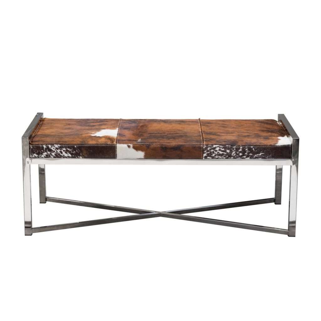 Mystique Brown/White Hair on Hide Bench w/ Polished Stainless Steel Frame