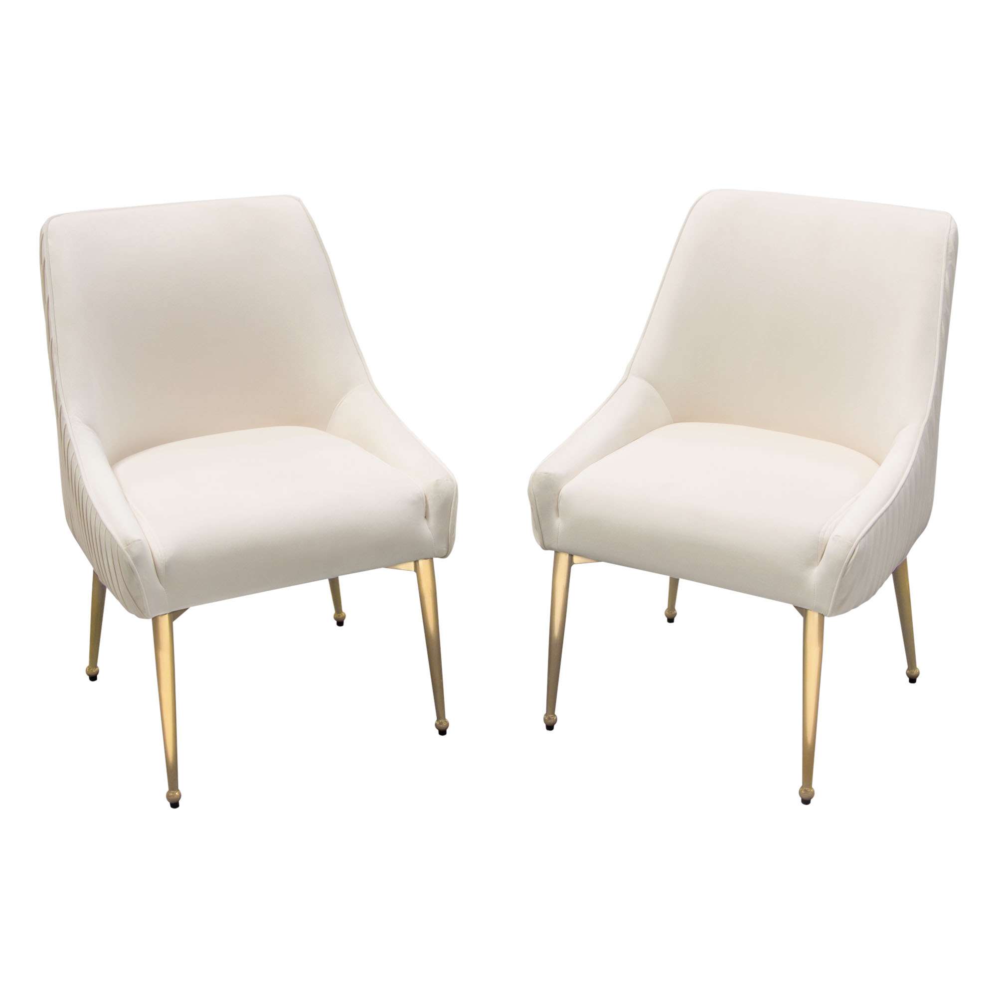 Set of (2) Quinn Dining Chairs w/ Vertical Outside Pleat Detail and Contoured Arm in Cream Velvet w/ Brushed Gold Metal Leg by Diamond Sofa - Decorian Group