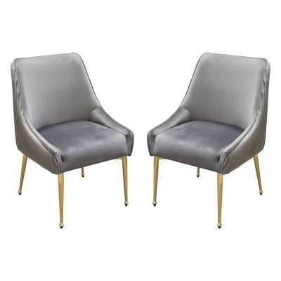 Set of (2) Quinn Dining Chairs w/ Vertical Outside Pleat Detail and Contoured Arm in Grey Velvet w/ Brushed Gold Metal Leg by Diamond Sofa - Decorian Group
