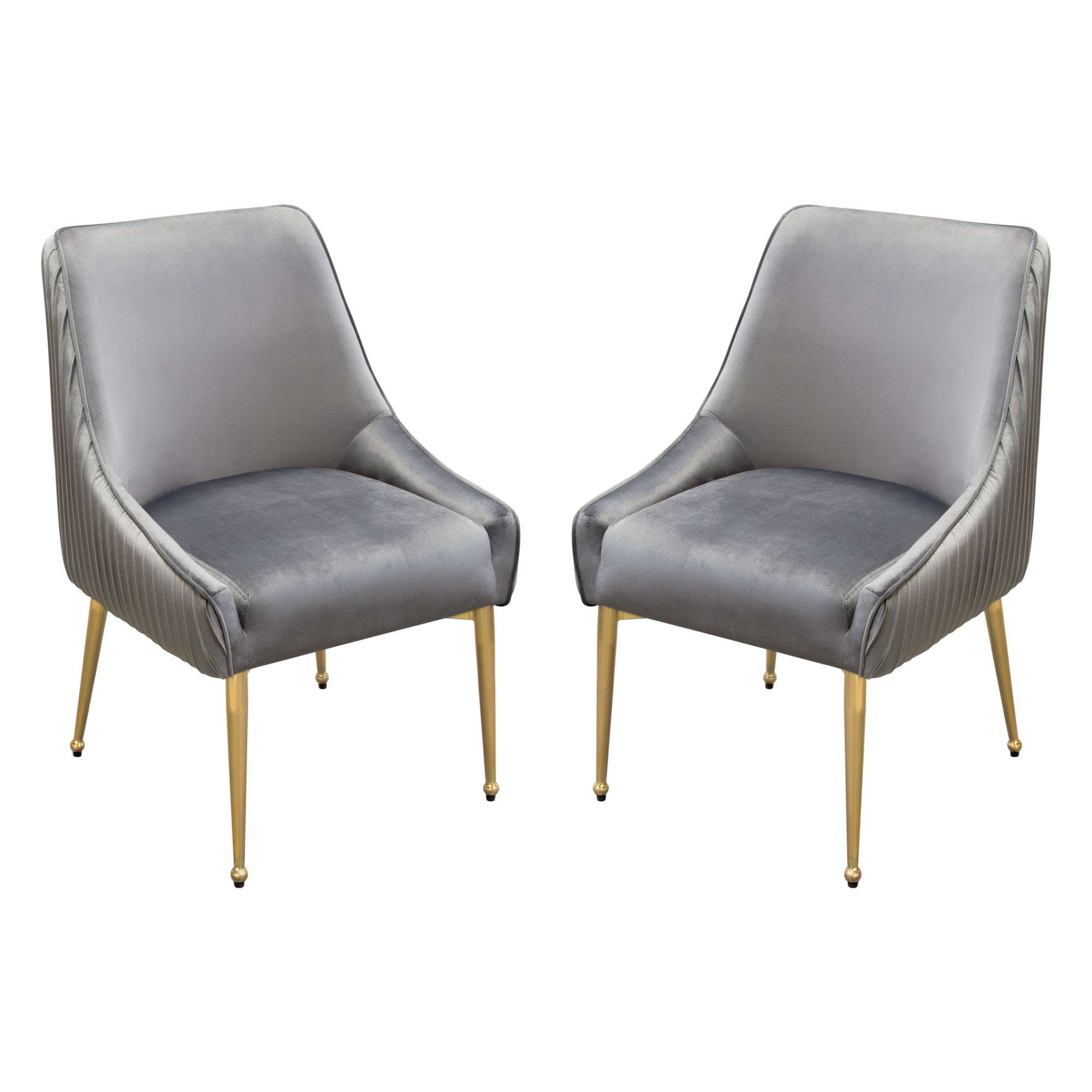 Set of (2) Quinn Dining Chairs w/ Vertical Outside Pleat Detail and Contoured Arm in Grey Velvet w/ Brushed Gold Metal Leg by Diamond Sofa - Decorian Group