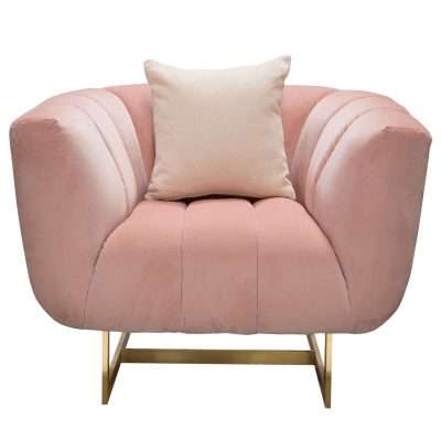 Venus Chair in Blush Pink Velvet w/ Contrasting Pillows & Gold Finished Metal Base by Diamond Sofa - Decorian Group