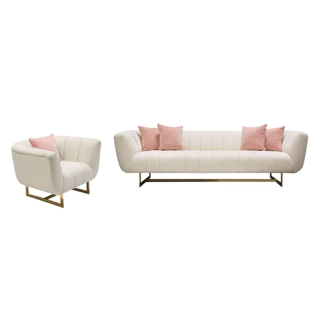 Venus Cream Fabric Sofa & Chair 2PC Set w/ Contrasting Pillows & Gold Finished Metal Base
