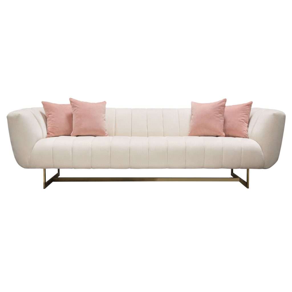 Venus Cream Fabric Sofa w/ Contrasting Pillows & Gold Finished Metal Base