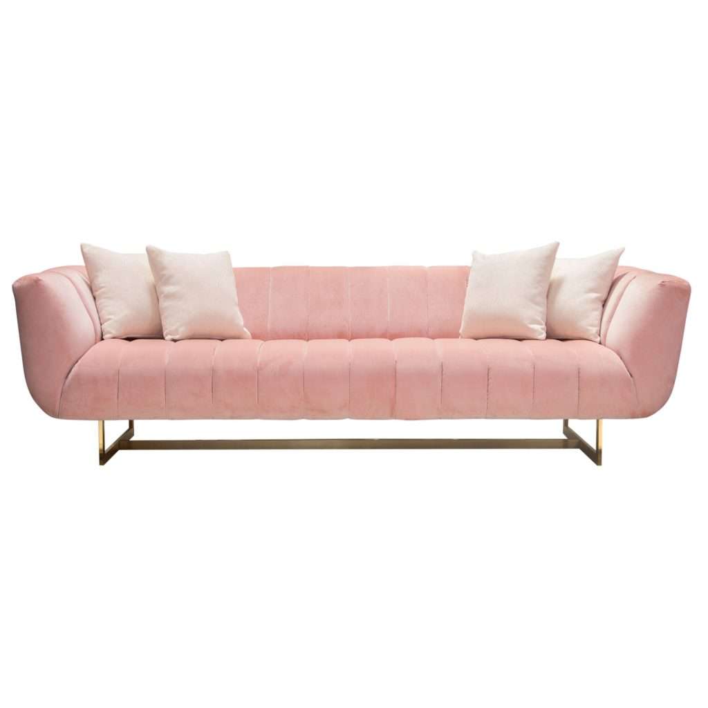 Venus Sofa in Blush Pink Velvet w/ Contrasting Pillows & Gold Finished Metal Base